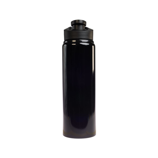 A drink bottle featuring a sleek black design and a free flow lid, with a capacity of 750ml.