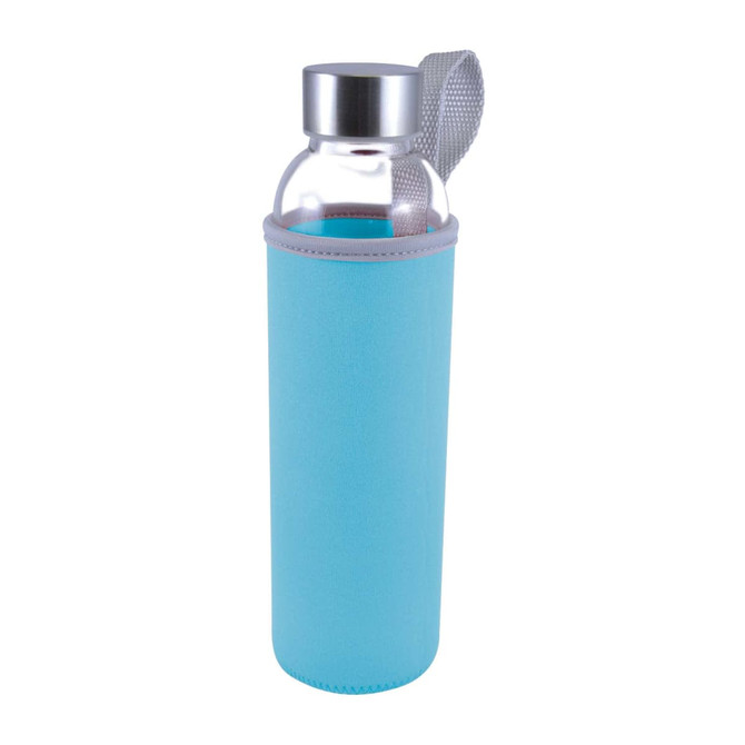 A drink bottle made of glass featuring a sleek design, encased in a light blue neoprene sleeve with a grey handle.