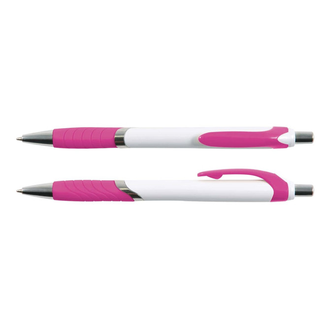 A pink and white pen with a textured grip and a clip on the side, featuring a sleek design.