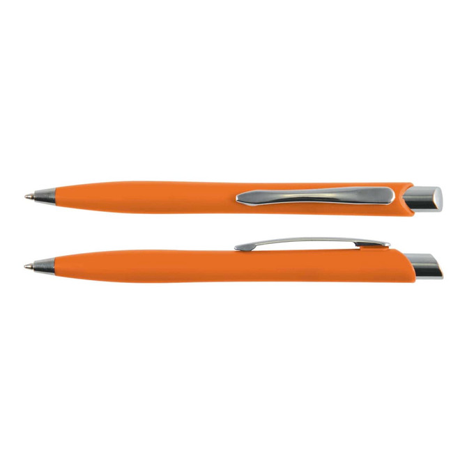 An orange plastic pen with a sleek design and silver accents, featuring a clip for easy attachment.
