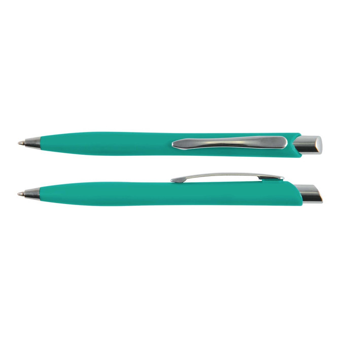 A teal plastic pen with a silver clip, featuring a sleek design and a shiny tip. 