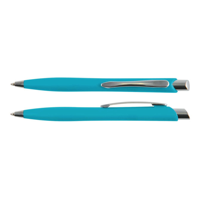 A plastic pen in vibrant turquoise, featuring a sleek design and a silver clip. The pen has a logo visible.