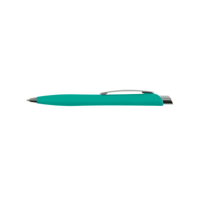 A plastic pen in a teal colour with a silver clip and a smooth barrel design. It features a logo on the side.