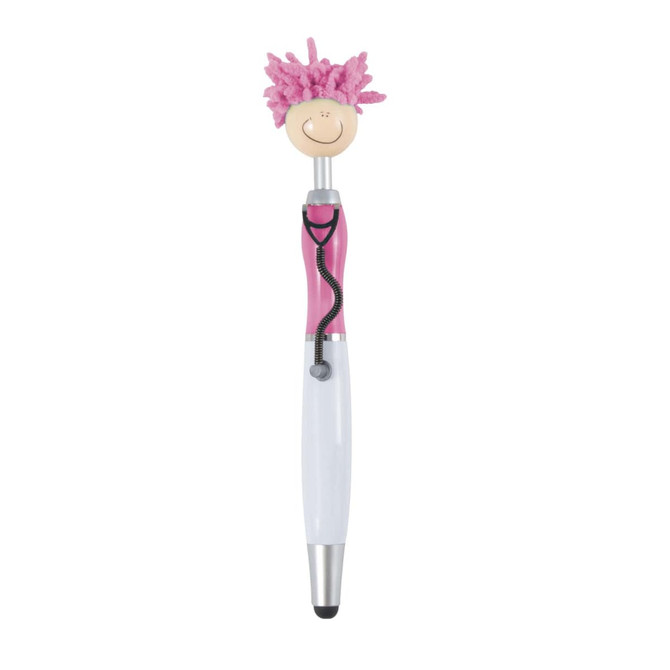 A stylus pen featuring a pink and white design with a character head and pink mop-top hair. It has a branding logo.