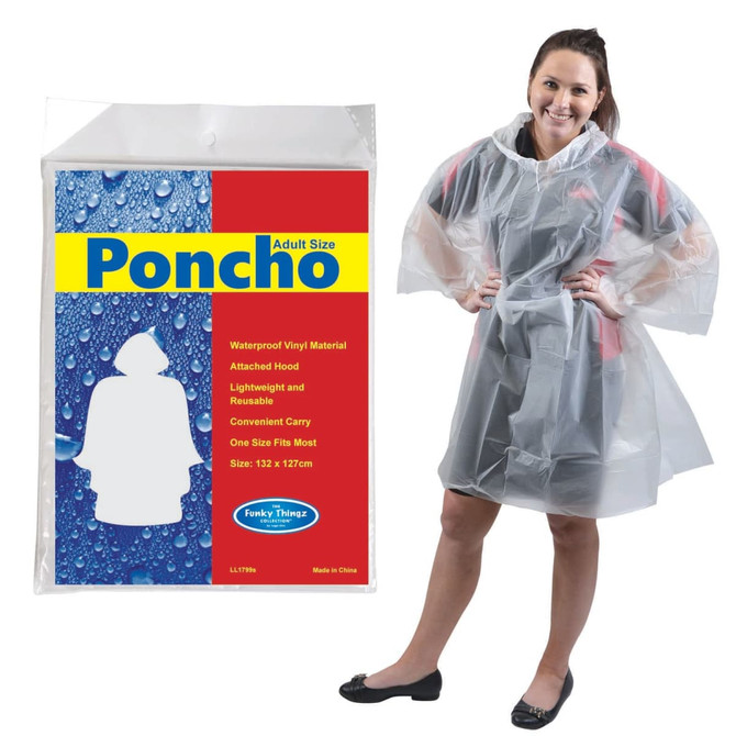 A clear waterproof poncho with an attached hood and a model wearing it, displayed in front of a packaging design.