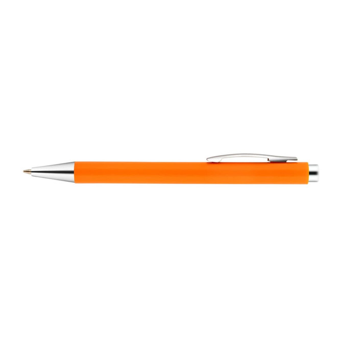 An orange plastic pen with a silver clip and tip. It features a simple, sleek design and has a branding logo.