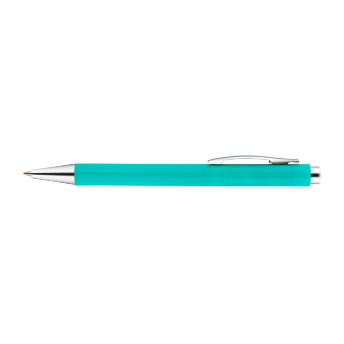 A turquoise plastic pen with a silver clip and trim, featuring a sleek design and a logo.