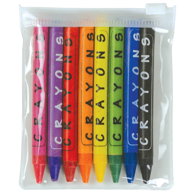 A PVC zipper pouch containing eight crayons in vibrant colors: pink, purple, orange, yellow, green, blue, red, and black.