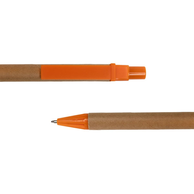 A cardboard pen with an orange clip and tip, featuring a natural brown paper barrel.
