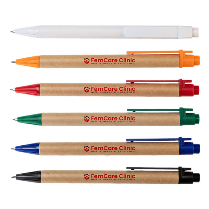 A selection of five pens in various colors: orange, green, blue, red, and black, alongside a white pen, all with branding.