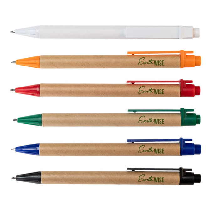 A collection of six pens in various colors, including white, orange, red, green, blue, and black, with cardboard bodies.