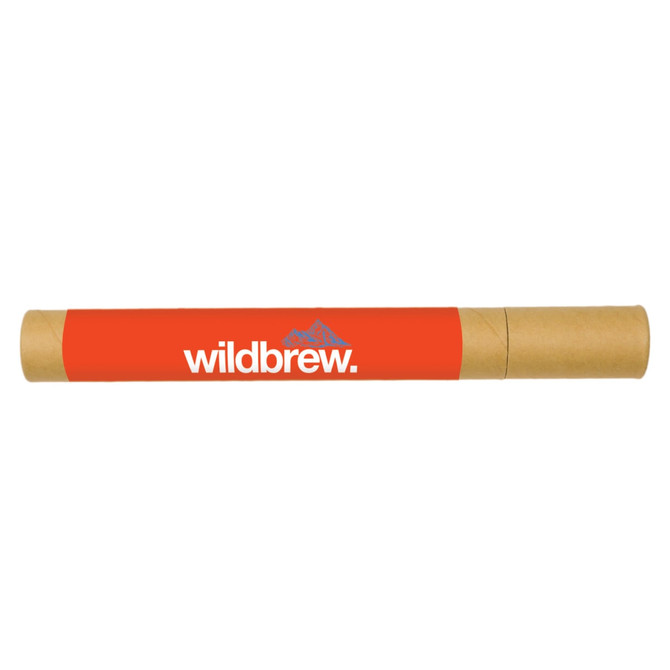 A cylindrical tube with an orange wrapper and a logo, featuring a brown cardboard cap on one end.