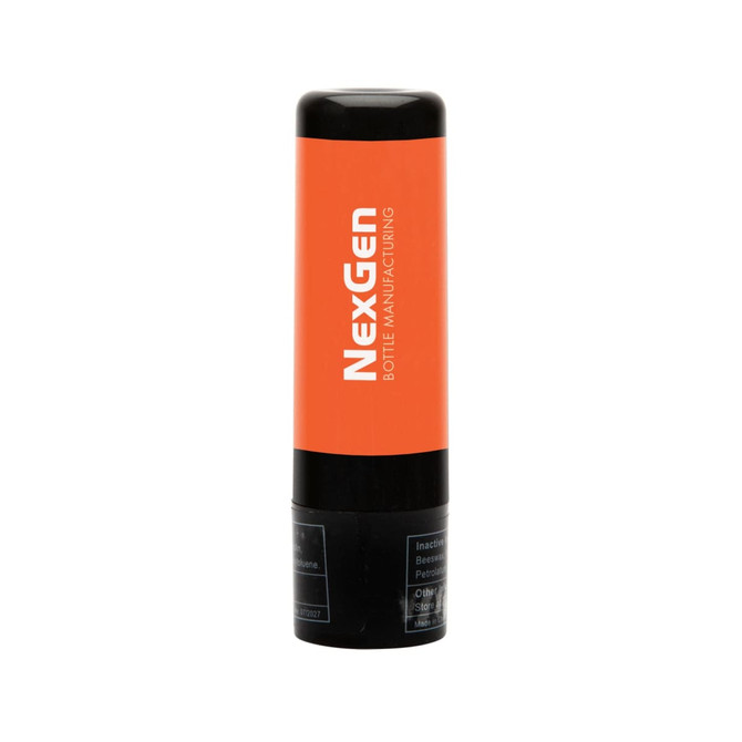 A lip balm stick with a black and orange tube, featuring the label "NexGen Bottle Manufacturing."