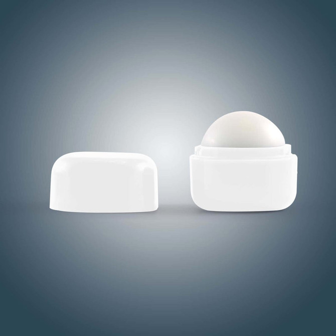 A Cube Lip Balm container with a smooth, rounded balm on top and a white, square-shaped base.