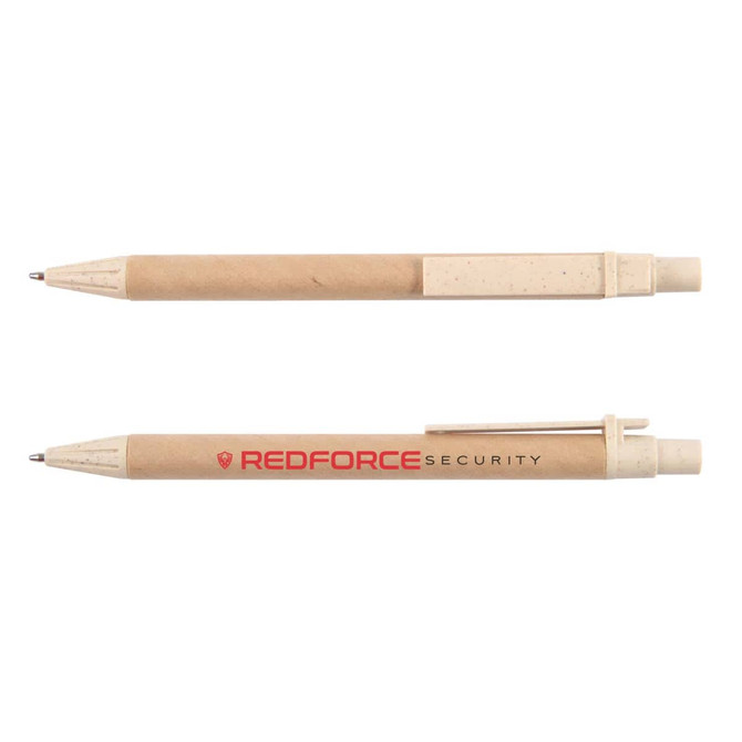 A set of eco-friendly pens in beige and cream colors, featuring a logo on one side.