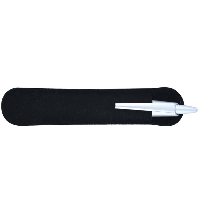 A bamboo pen with a white tip, resting in a black sleeve. The product features a simple, sleek design.