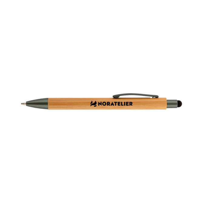 A bamboo pen and stylus featuring a silver tip and a black clip, with a logo on the side.