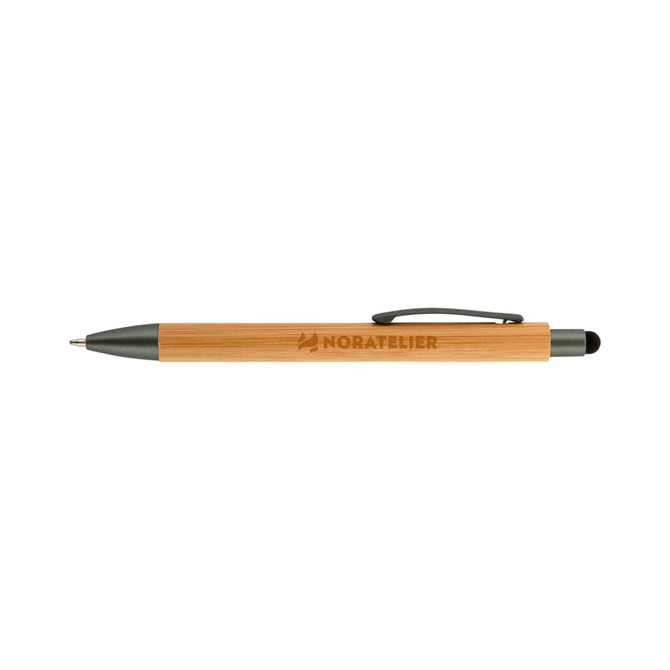A bamboo pen with a black stylus tip and grey accents, featuring a branding logo on the barrel.