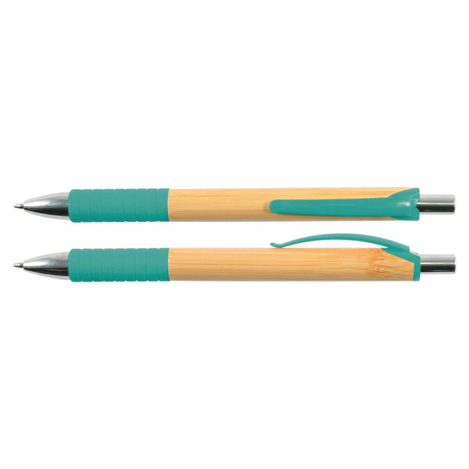 A bamboo pen featuring a teal grip and accents, with a sleek silver clip and tip.