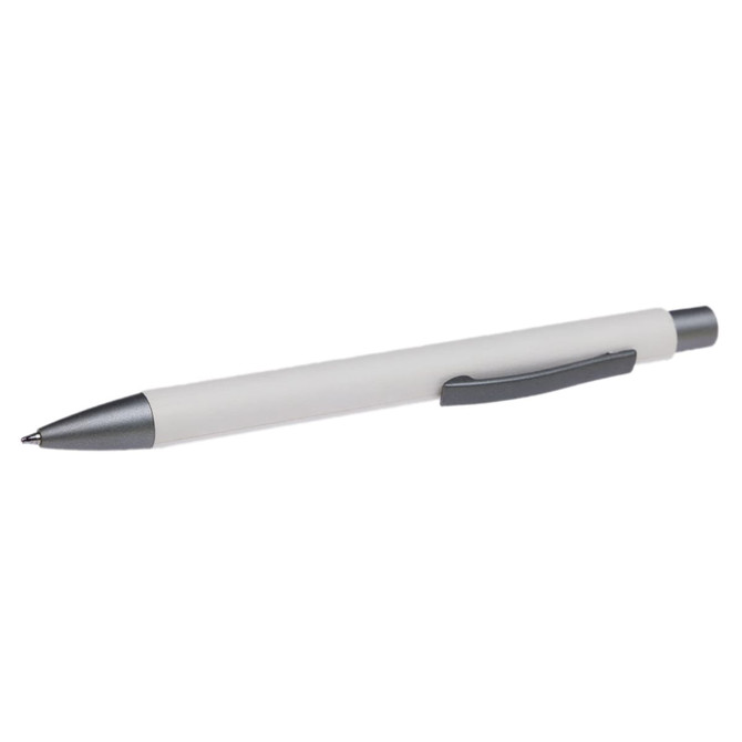 A sleek white pen with a metallic silver tip and clip, designed for smooth writing.