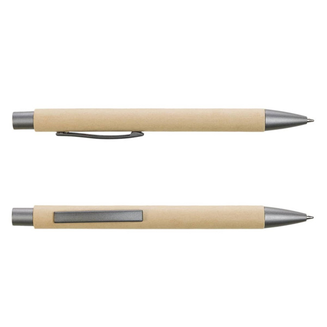 A beige pen with a silver clip and tip, featuring a smooth finish and a simple design.