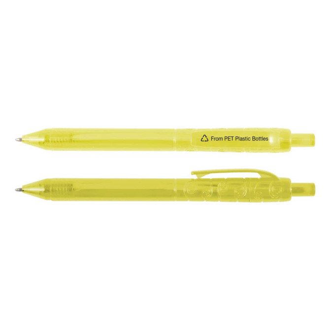 A pair of bright yellow plastic pens featuring a clip and a branding logo.