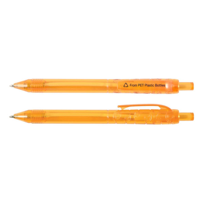 Two orange plastic pens are displayed, featuring a transparent design and one with a clip. Both have a logo.