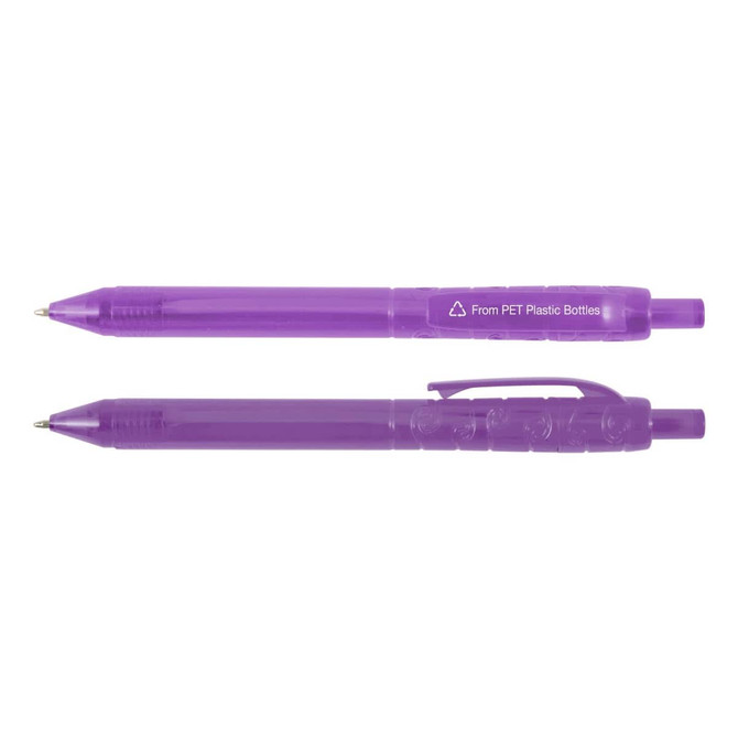 A purple plastic pen made from recycled PET bottles, featuring a click mechanism and logo.