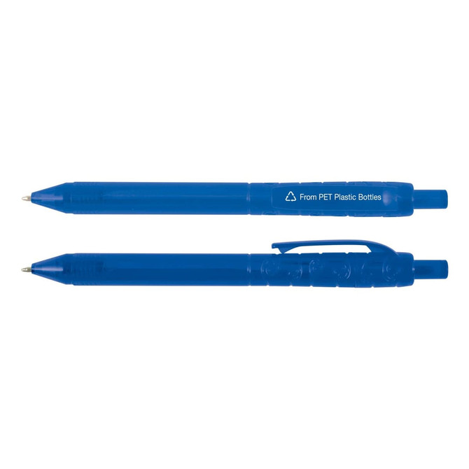 A blue pen, made from recycled PET plastic bottles, featuring a clip and a rounded tip. It has a logo.