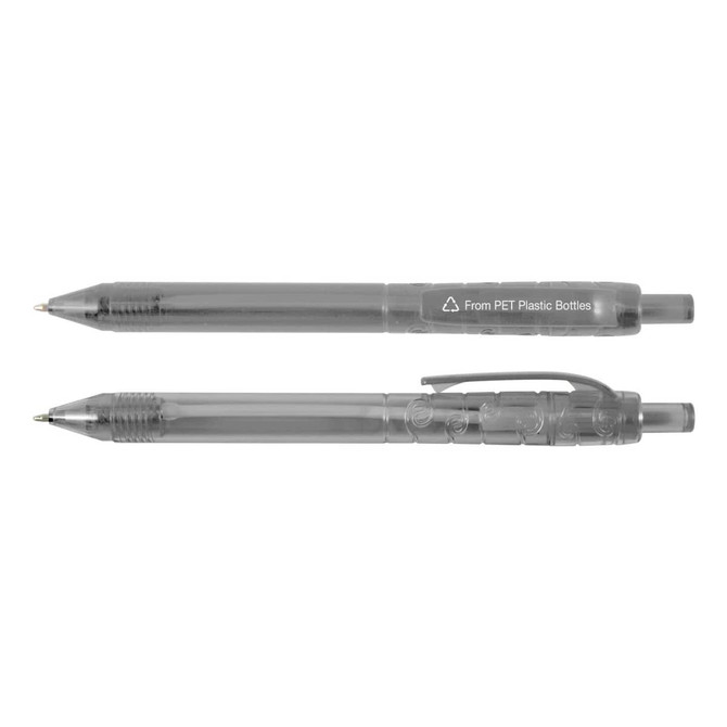 A set of gray plastic pens with a transparent body, featuring a branding logo.