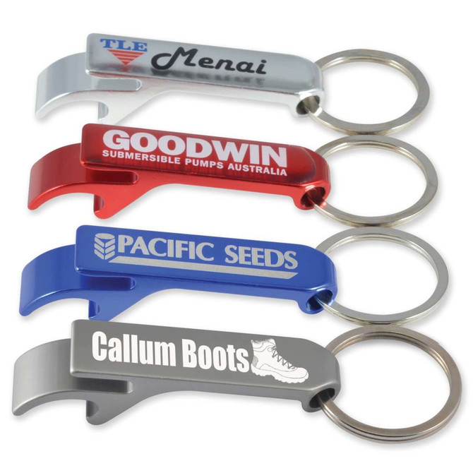A collection of four metal bottle openers in red, blue, silver, and gray, each with a keyring and branding.