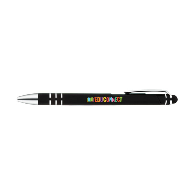 A stylus pen in black with silver accents and a colorful "EDUCONNECT" logo printed on its side.