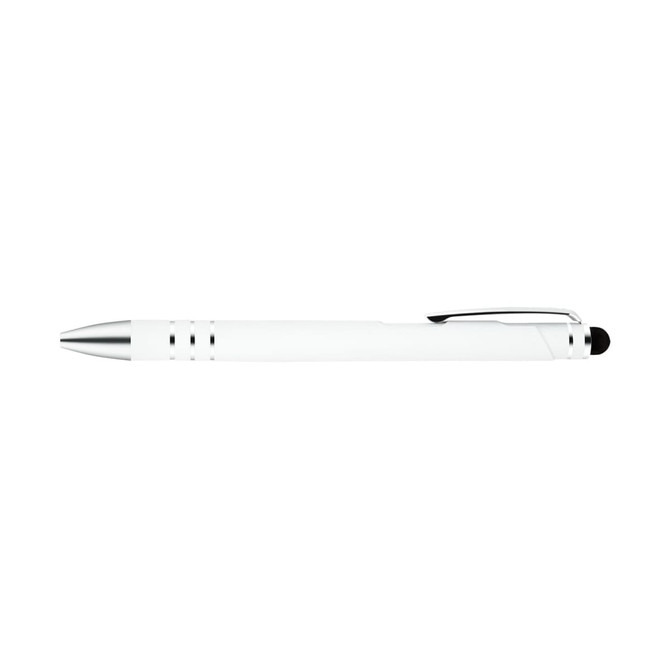 A white stylus pen with silver accents and a built-in touchscreen tip, featuring a clip for easy attachment.