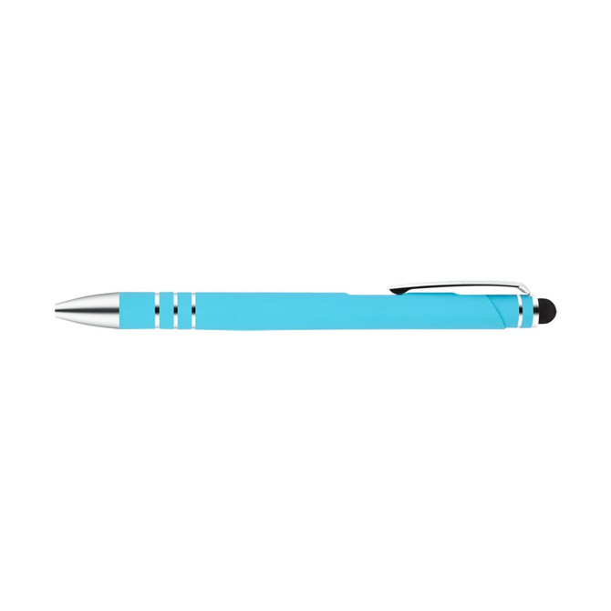 A turquoise pen and stylus with silver accents and a clip, featuring a smooth finish.