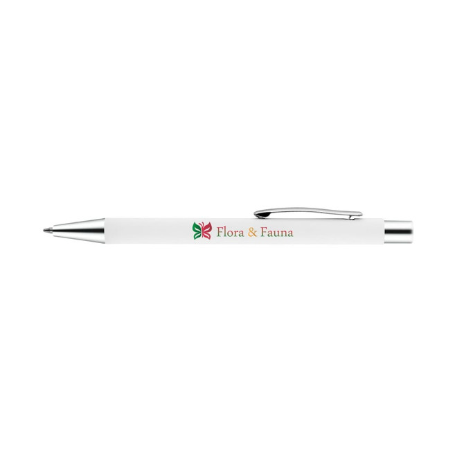 A metal pen in white with chrome accents, featuring a logo. Ideal for writing.