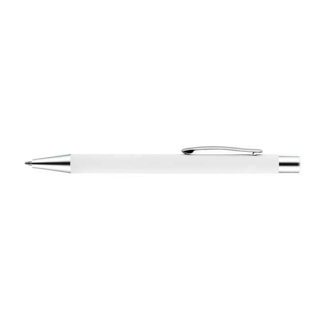 A white aluminium pen with silver accents and a clip attachment, featuring a logo on its body.