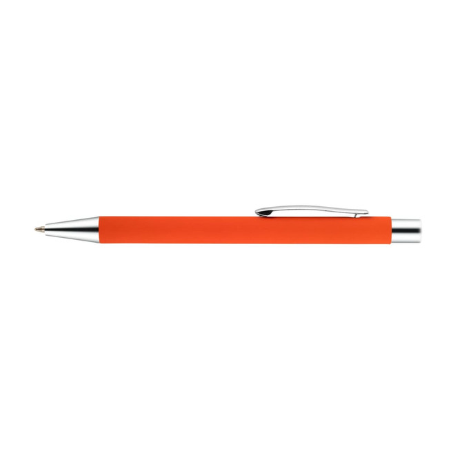 An orange aluminium pen with a silver clip and tip, featuring a logo on its surface.