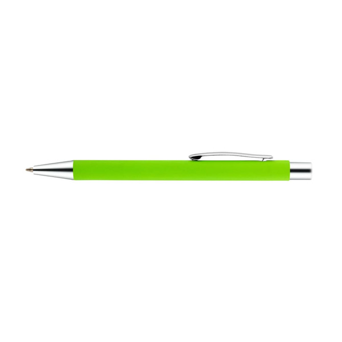 A green aluminium pen with a shiny silver clip and tip, featuring a logo on its barrel.