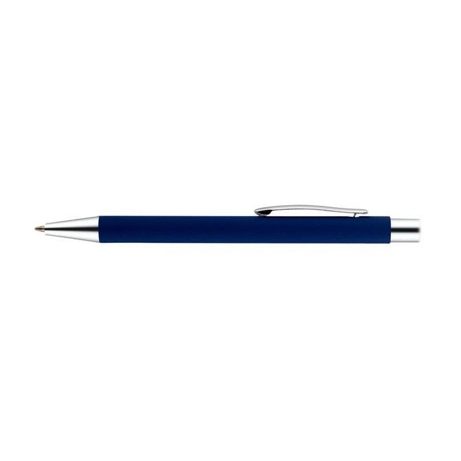 A navy blue aluminium pen with a silver clip and accents, featuring a logo on the barrel.