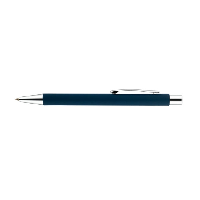 A metal pen in navy blue with silver accents and a logo.
