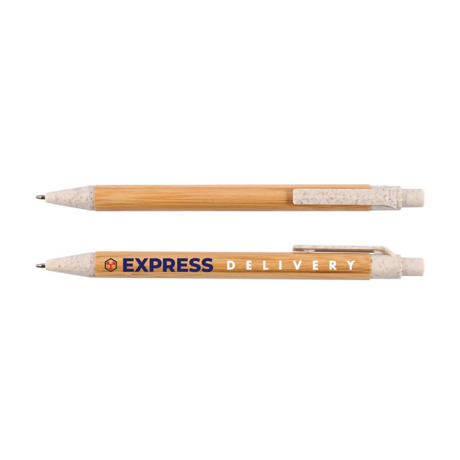 A bamboo pen featuring a natural wooden finish with a light-colored grip, includes a branding logo.
