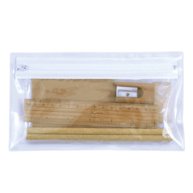 A transparent pencil case containing a ruler, a sharpener, and two wooden pencils. The case has a white zipper.