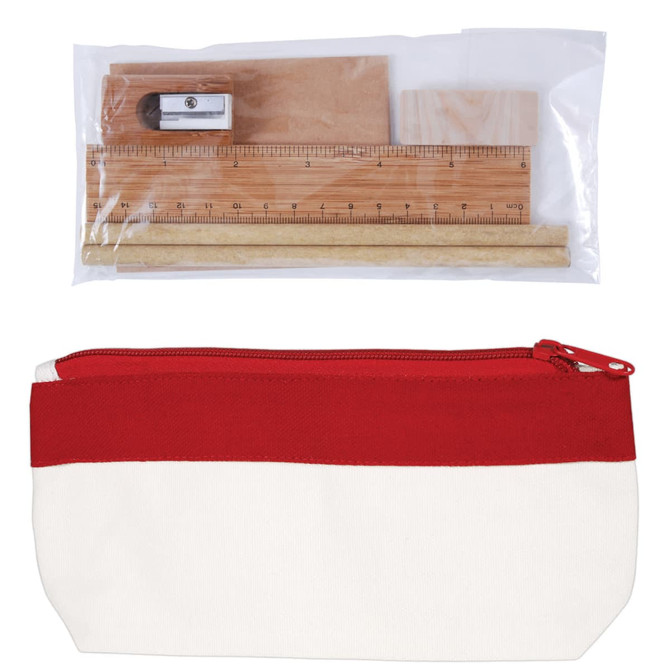 A stationery set featuring a red and white pencil case, wooden ruler, sharpener, and two wooden blocks.