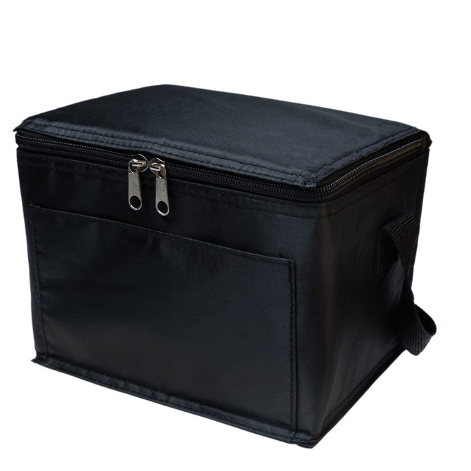 A black cooler bag with a zipper closure and side handle, featuring a front pocket.
