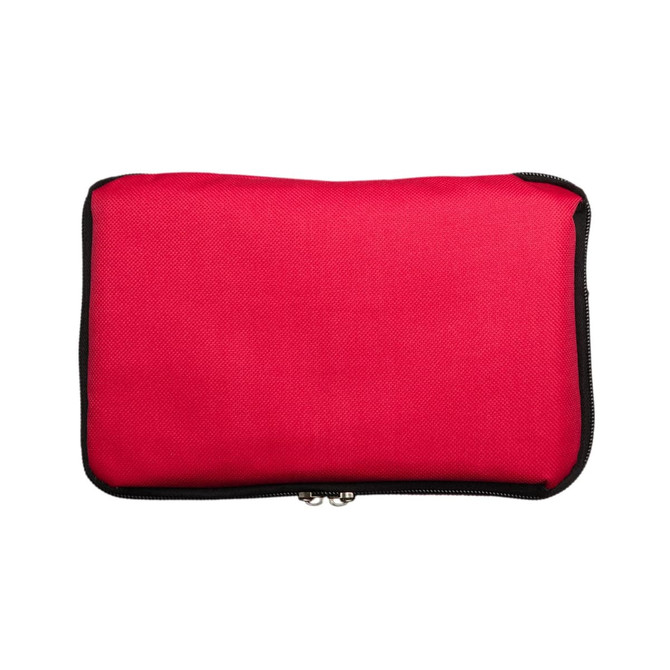 A red cooler bag with a zippered closure, designed for keeping items cool.