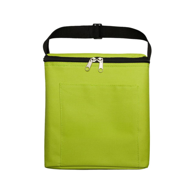 A green cooler bag with a zippered top and a front pocket, featuring a black carrying strap.