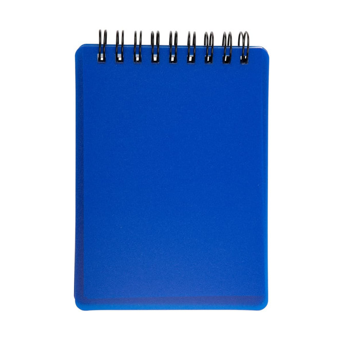 A blue, spiral-bound pocket notebook with a smooth cover and blank pages.