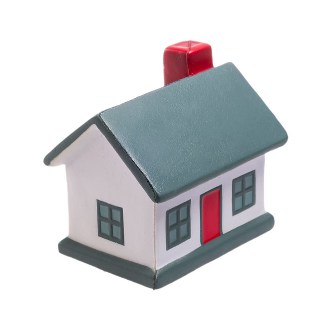 A mini stress-relief toy shaped like a house, featuring a red door and chimney with a green roof.