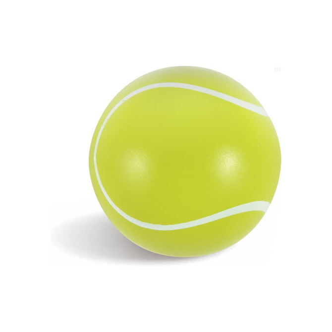 A bright yellow tennis ball with white stripes, featuring a logo on the surface.