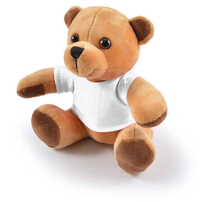 A soft, plush teddy bear in light brown with a white shirt, featuring round eyes and a smiling expression.